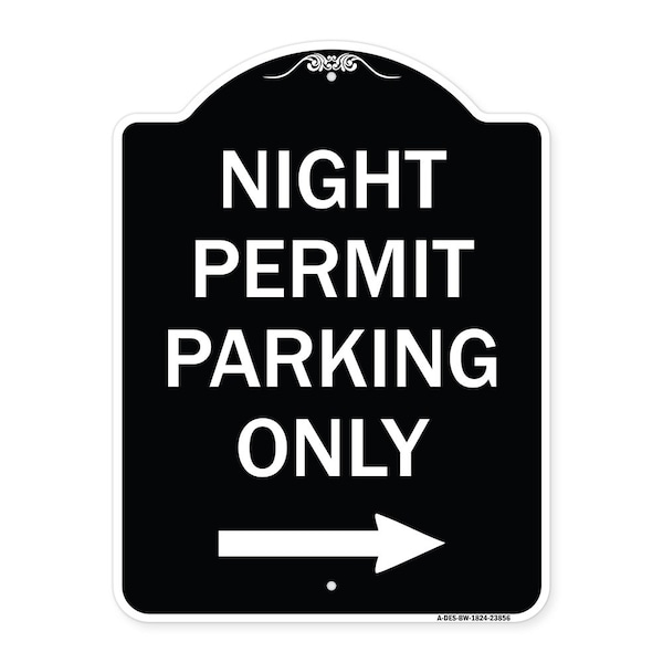 Signmission Night Permit Parking W/ Right Arrow Heavy-Gauge Aluminum Sign, 24" x 18", BW-1824-23856 A-DES-BW-1824-23856 - main